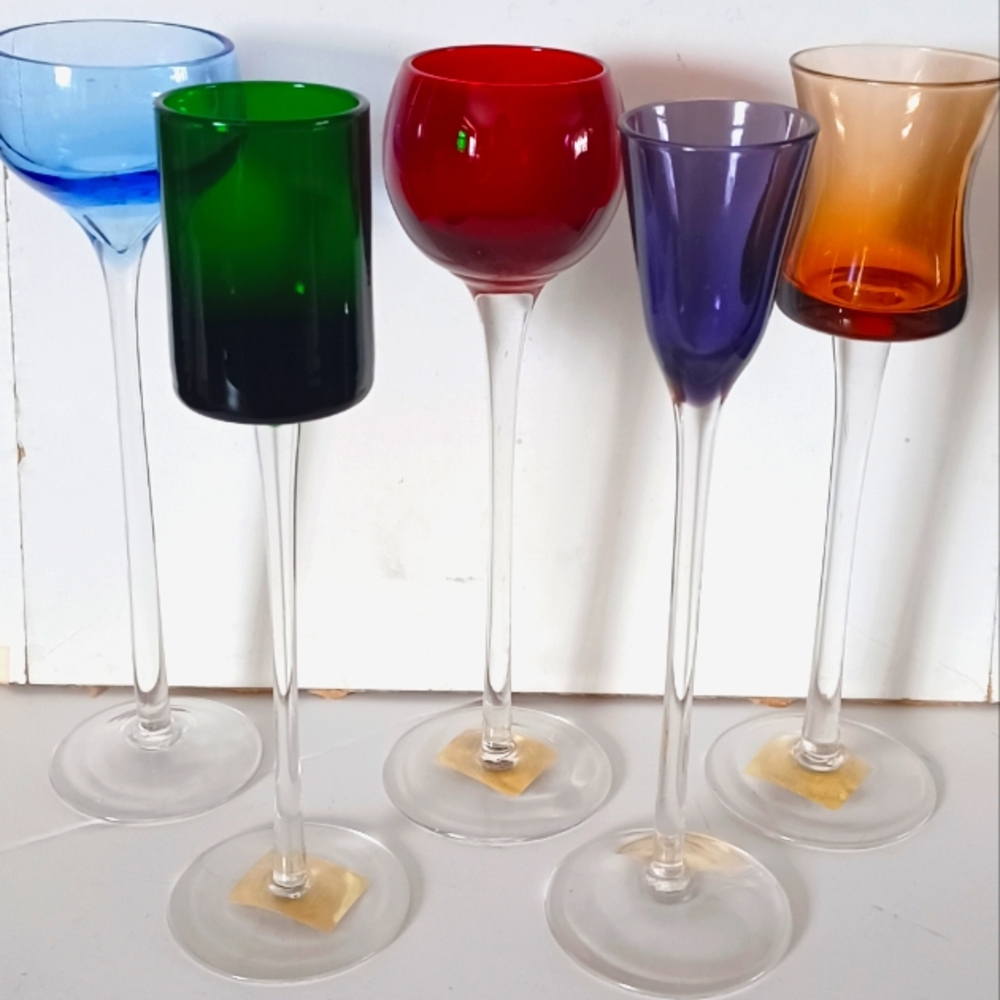 Elegant Vintage Set Of 5 Laura Glass Colorful Long Stem Cordials